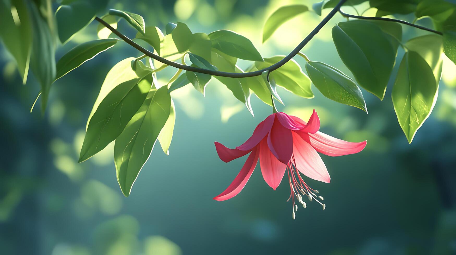 A pink flower is hanging from a tree branch photo