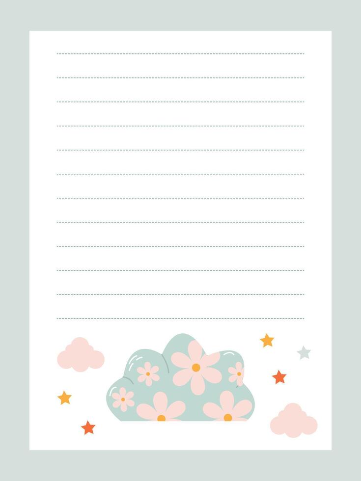 Cute notebook page with clouds with flowers and stars vector