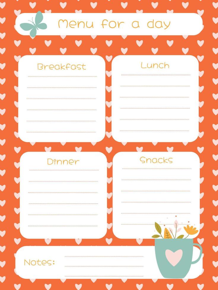 One-day menu template in a delicate romantic style with a cup and hearts vector