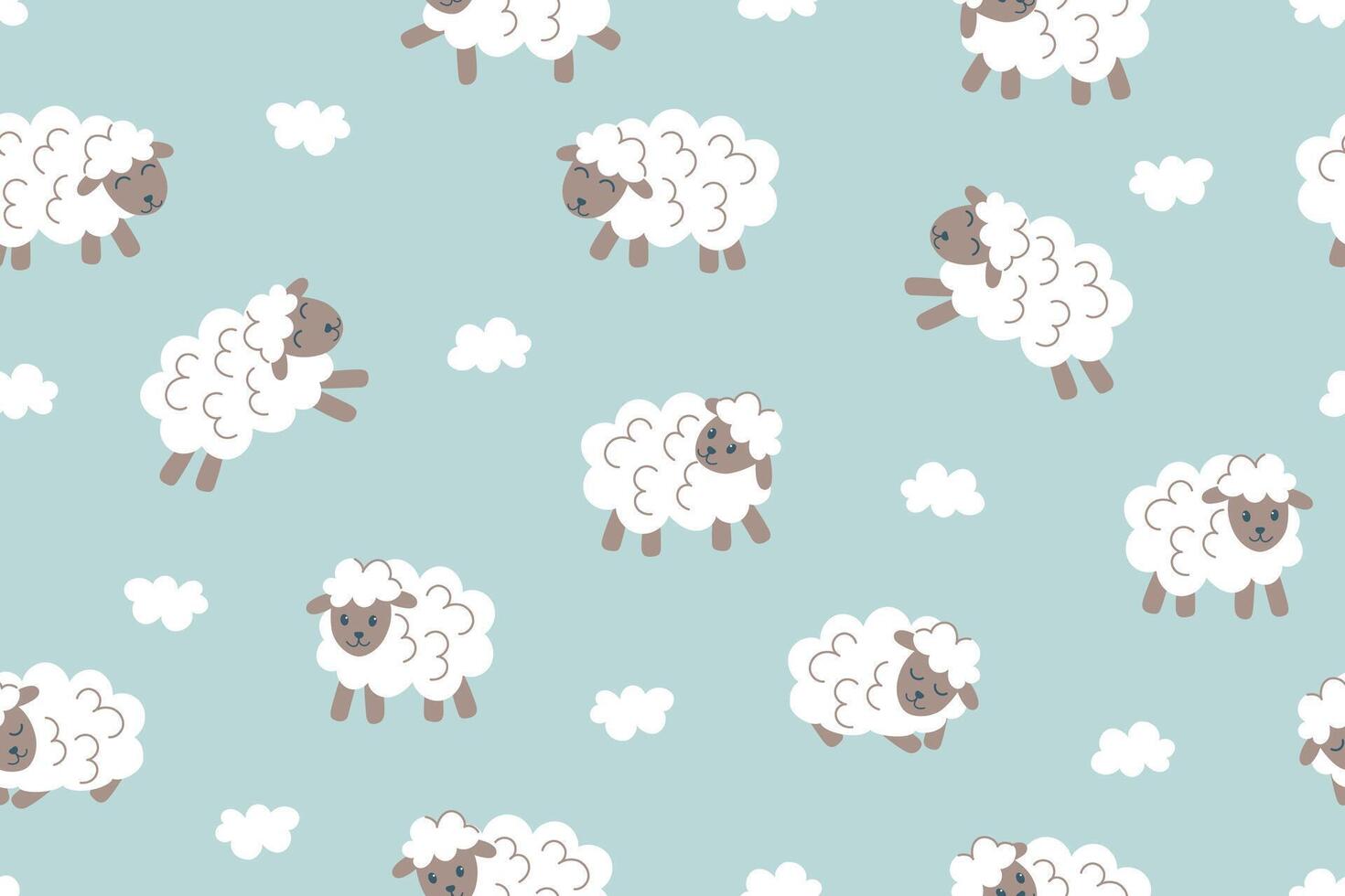 Seamless pattern of sheep on a blue background. Farm animals. vector