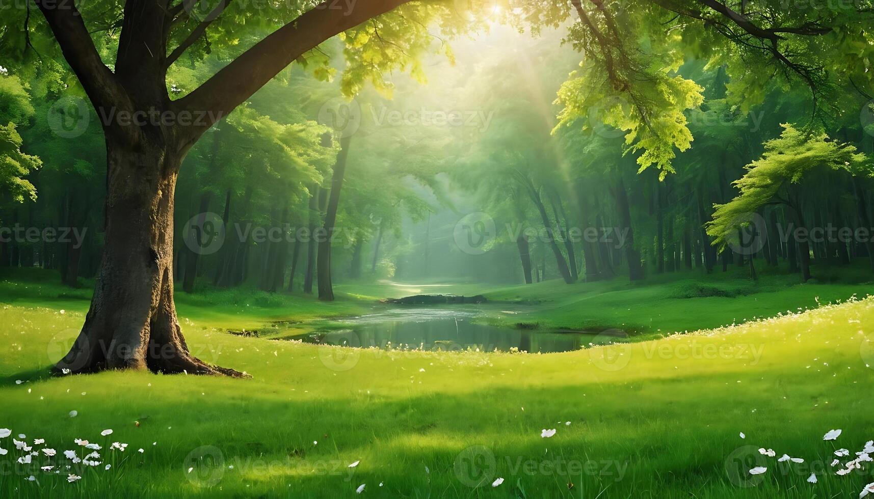 a beautiful green forest with trees and flowers photo