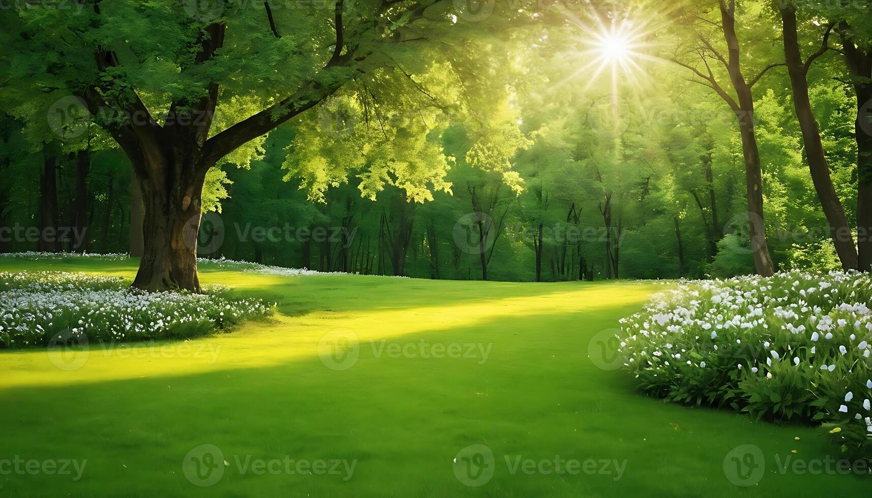 a beautiful green field with trees and flowers photo