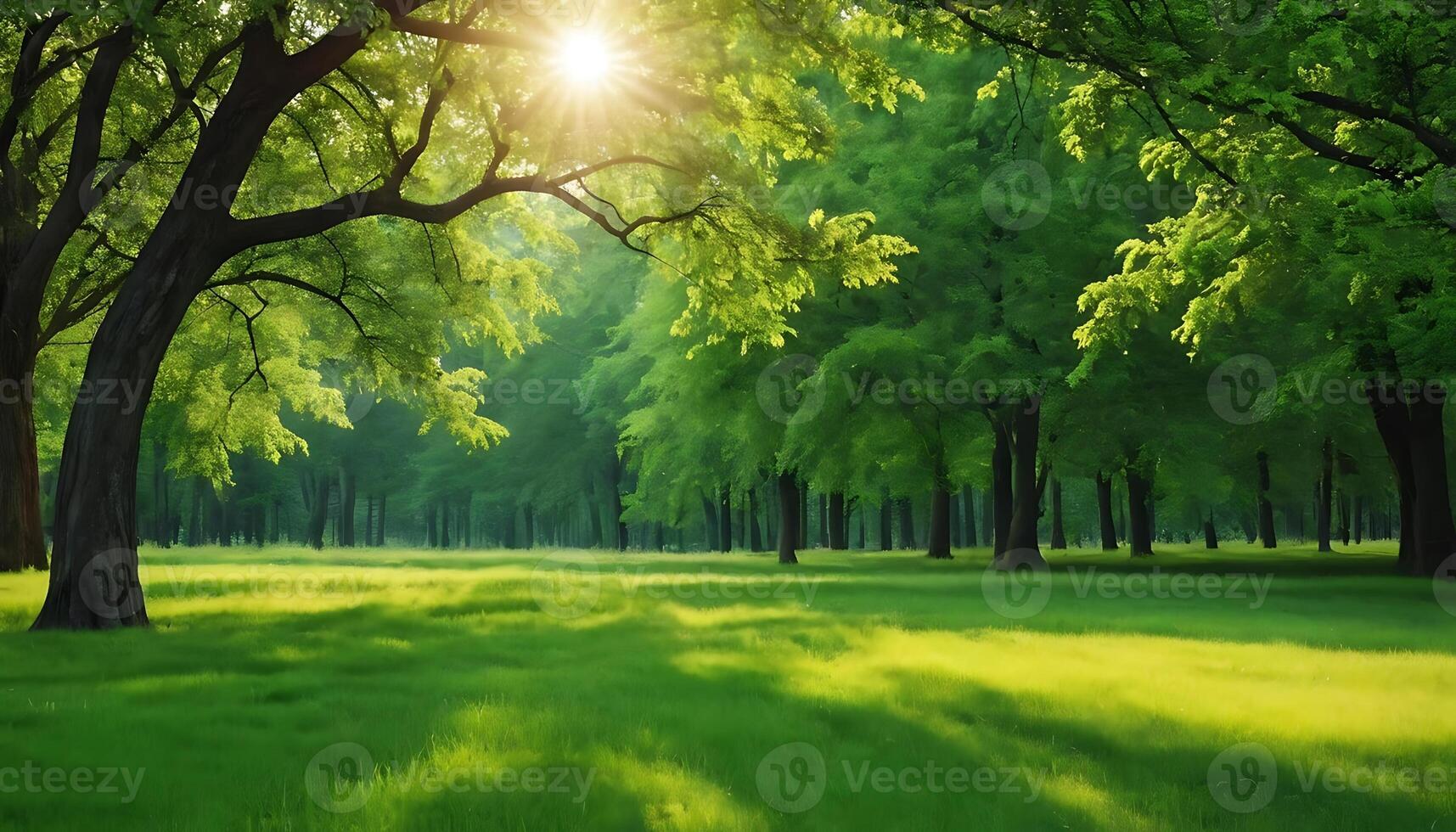 green trees and grassy field with sun shining through photo