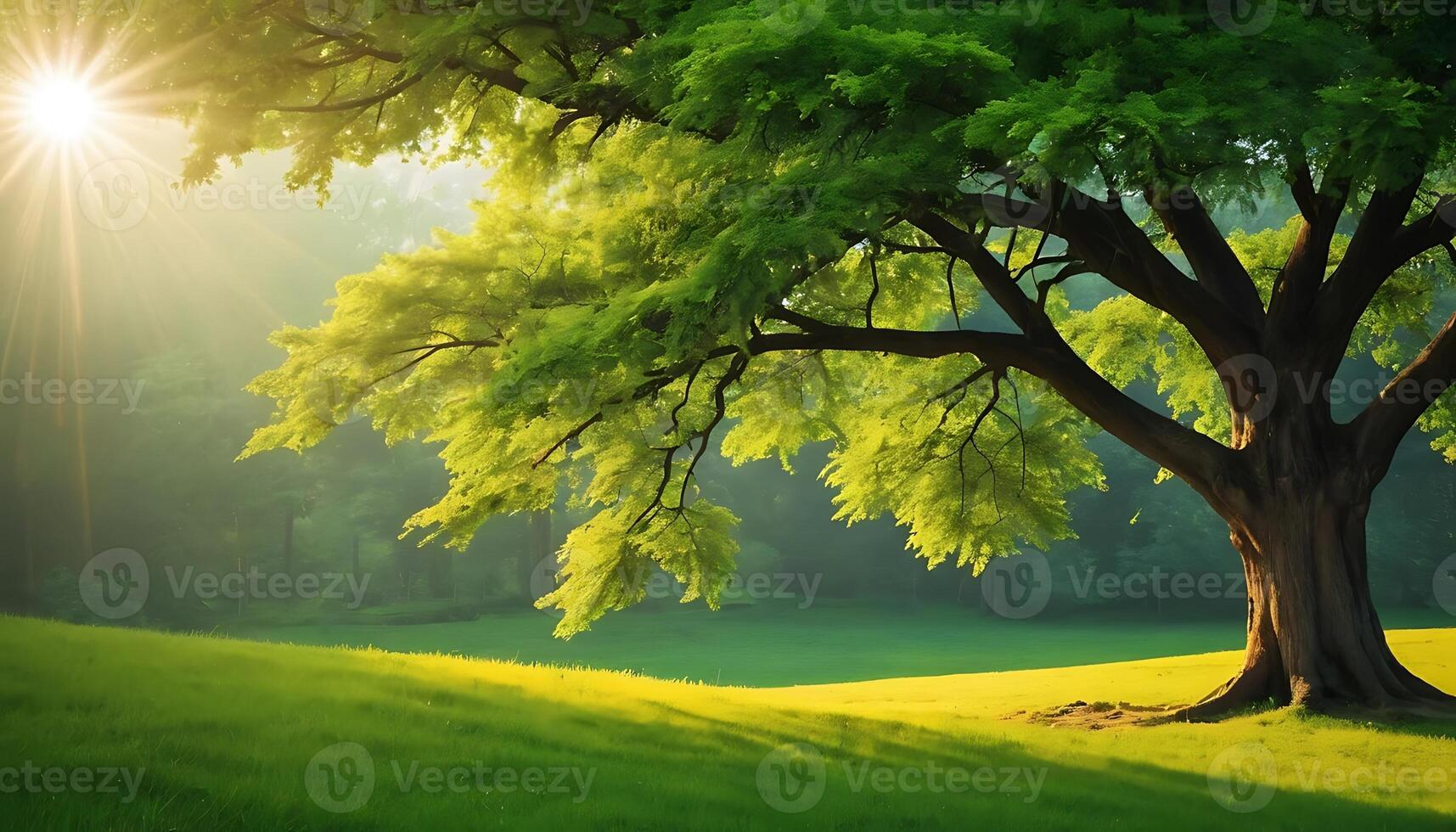 a tree in the middle of a field with the sun shining through photo