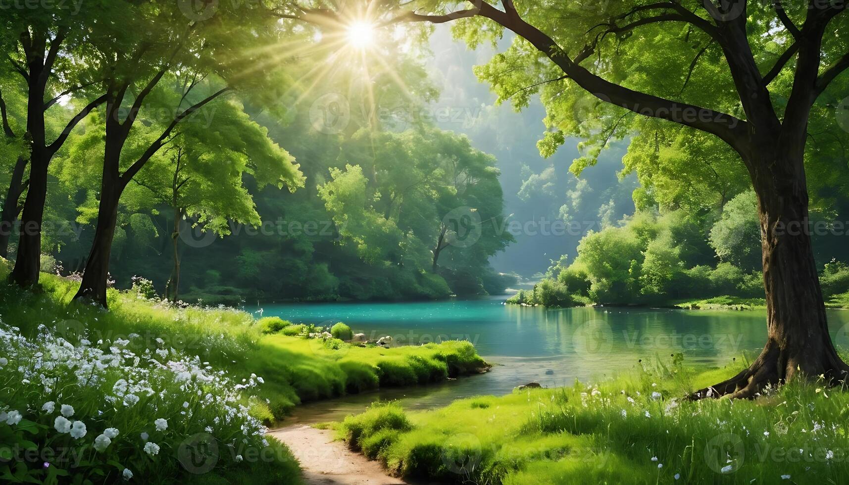 a path leads to a river and trees photo