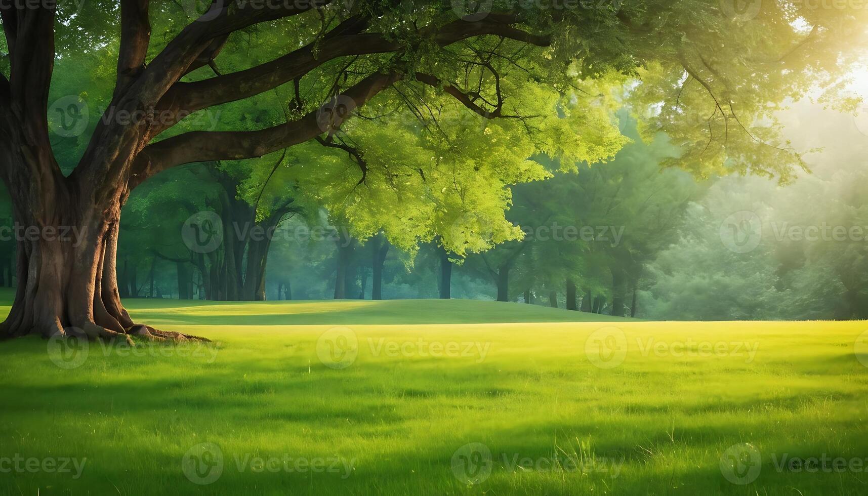 green grassy field with trees and sun photo