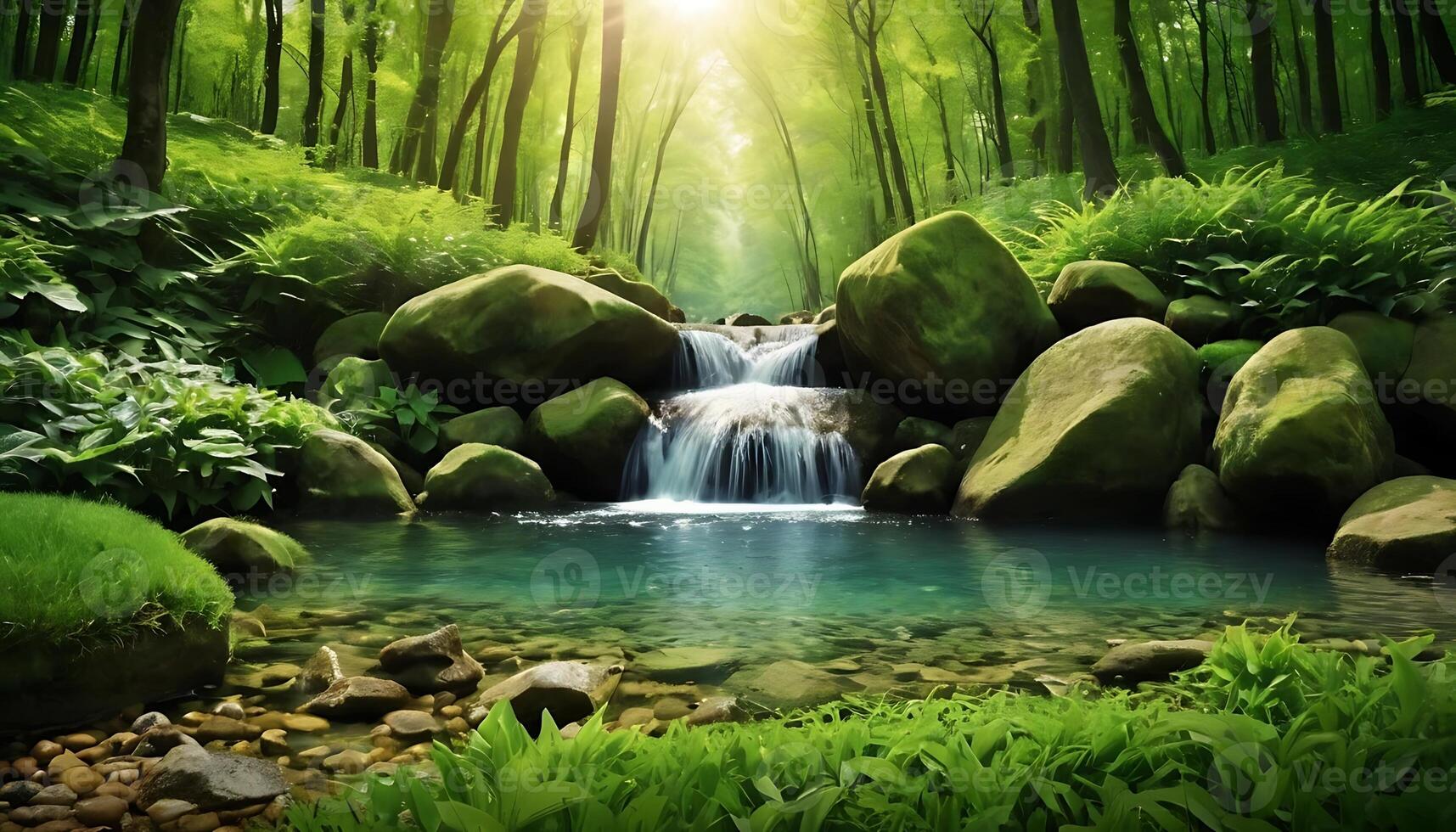 Beautiful waterfall in the forest with green trees photo