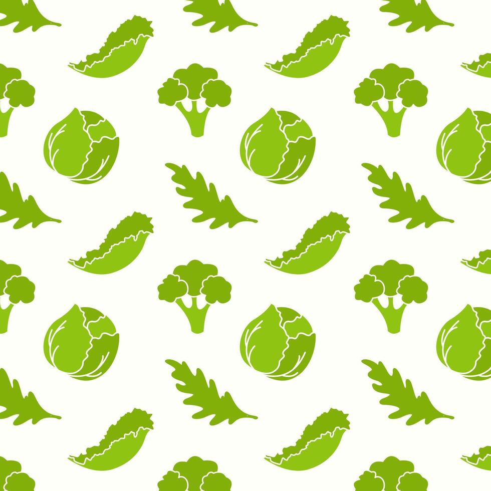 Healthy vibe, vegetables for vegetarian nutrition, seamless pattern with cabbage arugula broccoli salad. vector