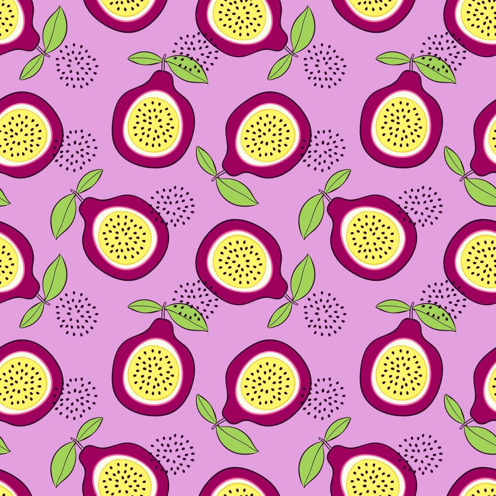 Bright tropical pattern of passion fruit. Summer vibe. Drawing of stylized fruits on rich pink background. vector