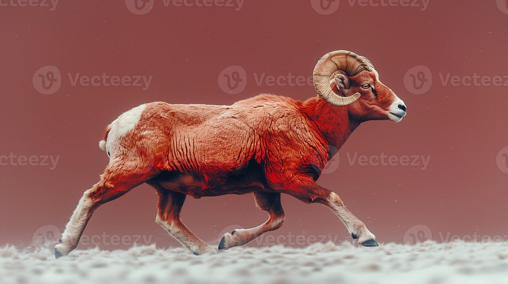 A bighorn sheep with large curved horns running across a snowy landscape against a deep red background photo