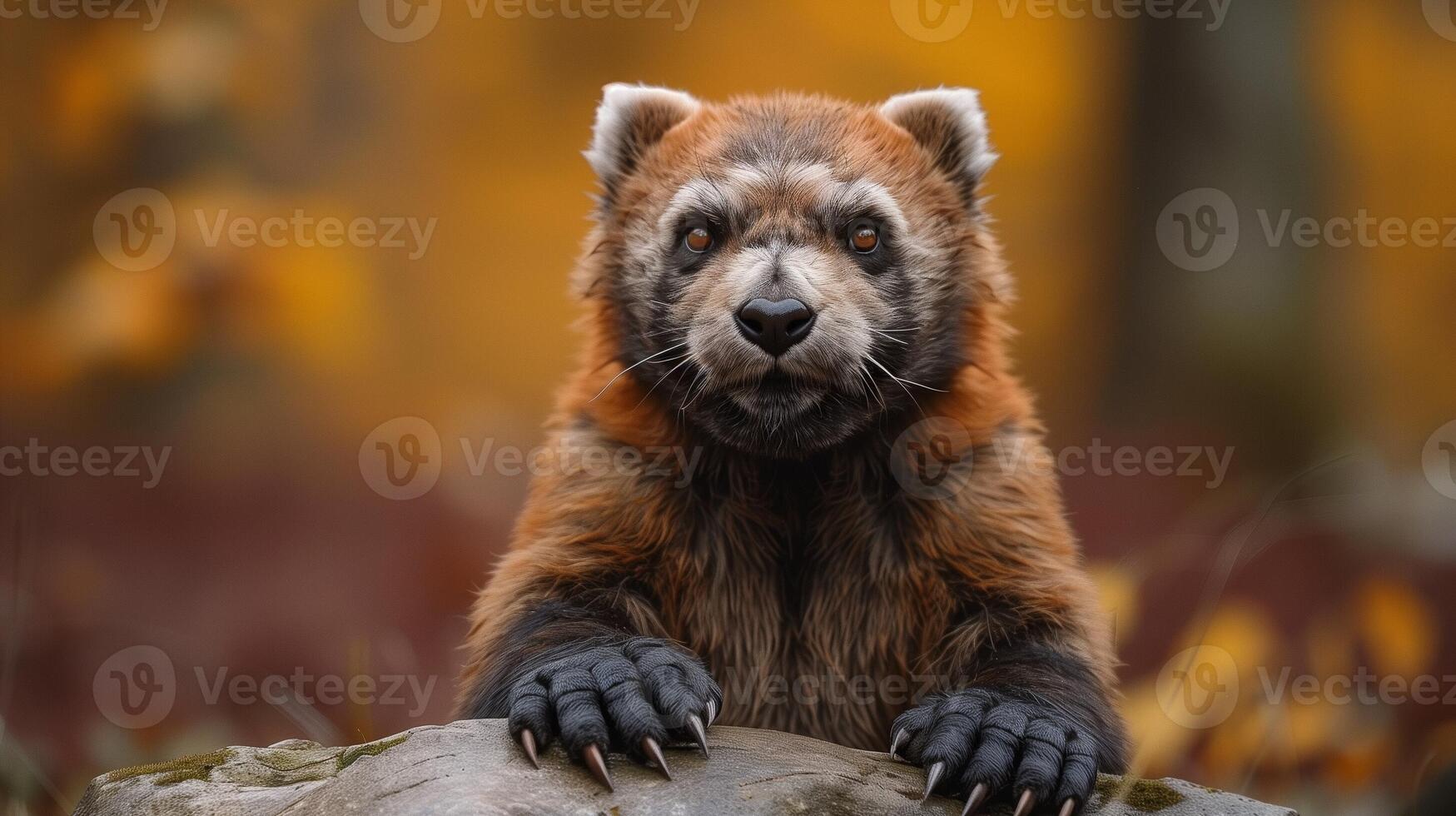 Adorable red panda perched on a rock with sharp claws and expressive eyes in a warm autumn setting photo