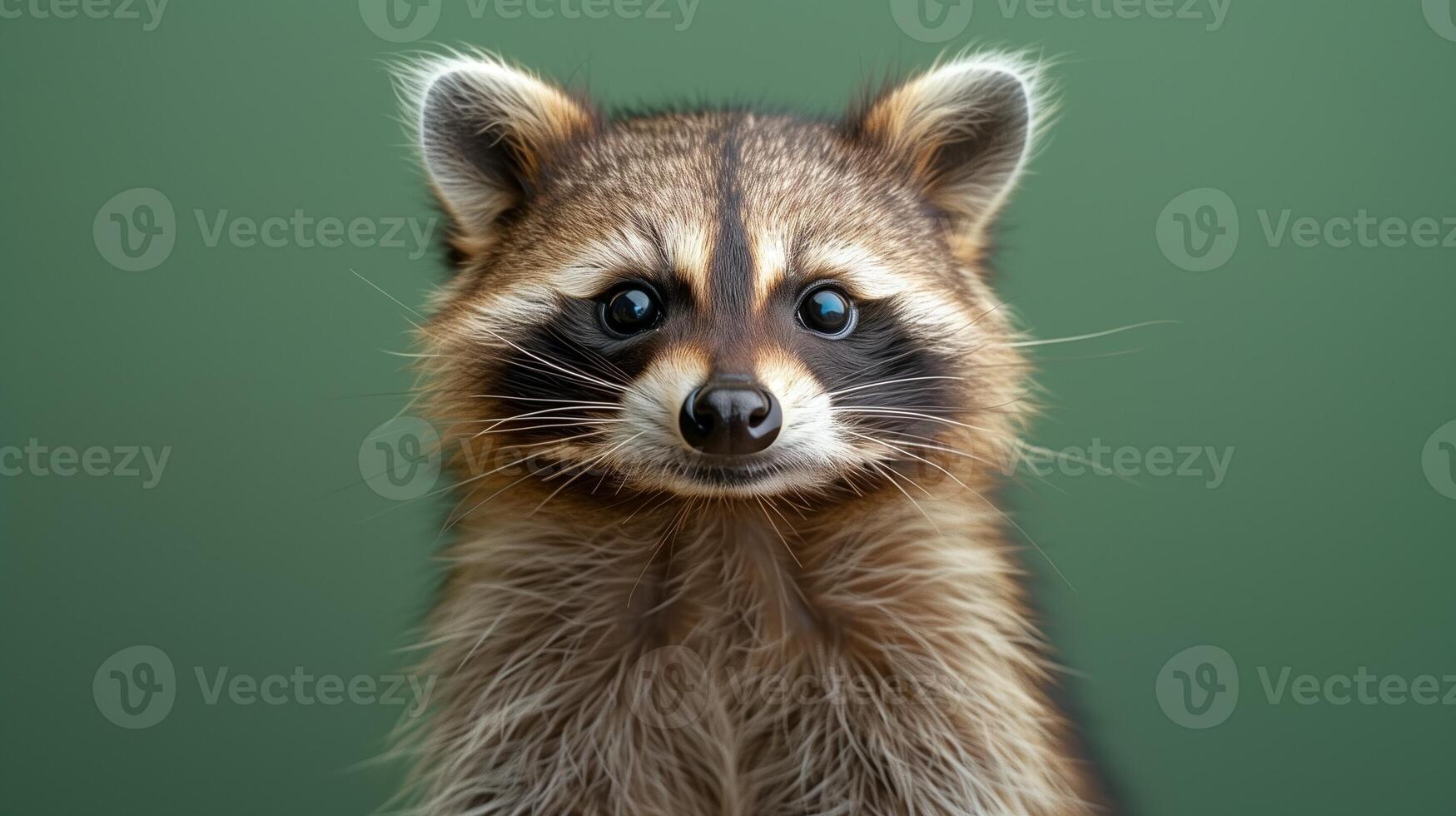 Closeup of a raccoon's face with detailed fur and whiskers set against a green background photo
