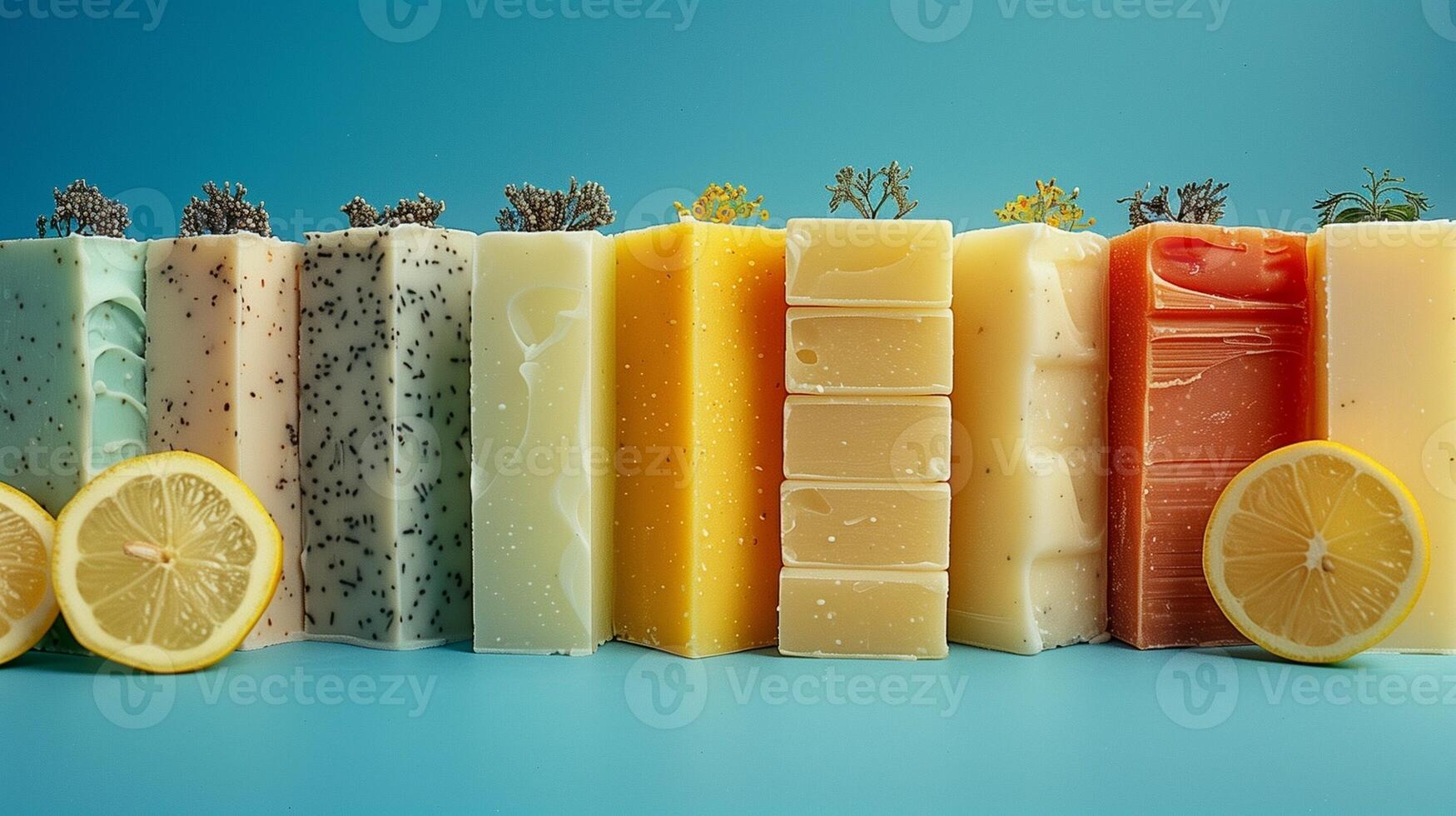 A vibrant display of colorful soaps with various textures and lemon slices against a blue background photo