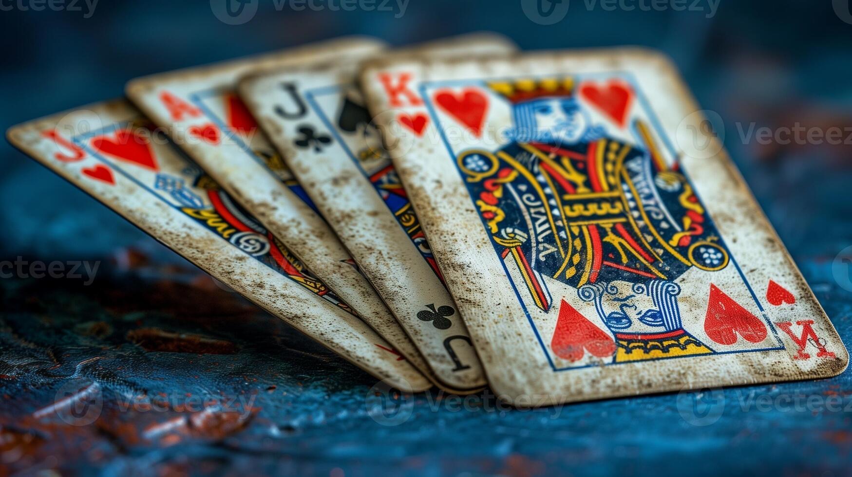 Four playing cards fanned out on a textured surface with a blue background photo