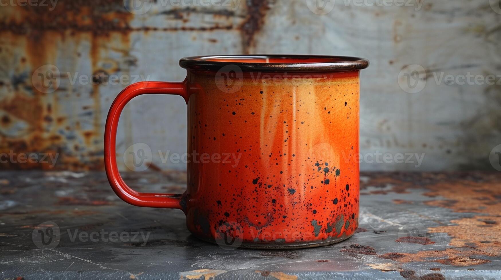 Rustic orange mug with black speckles sitting on a weathered metal surface photo