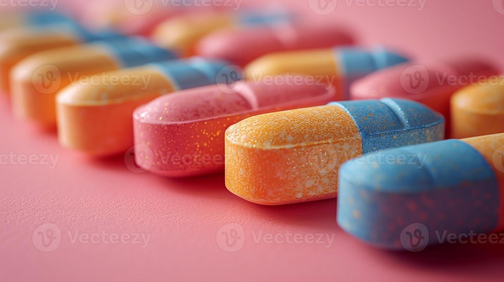 Colorful capsule pills arranged neatly on a soft pink surface creating a visually appealing scene photo
