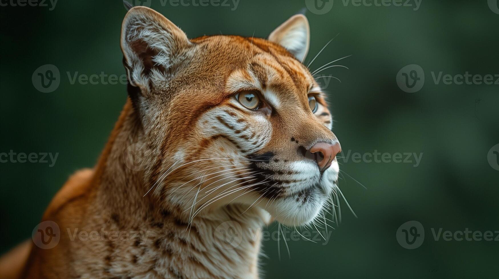 Close-up of a face of cougar with detailed fur and whiskers set against a green background photo