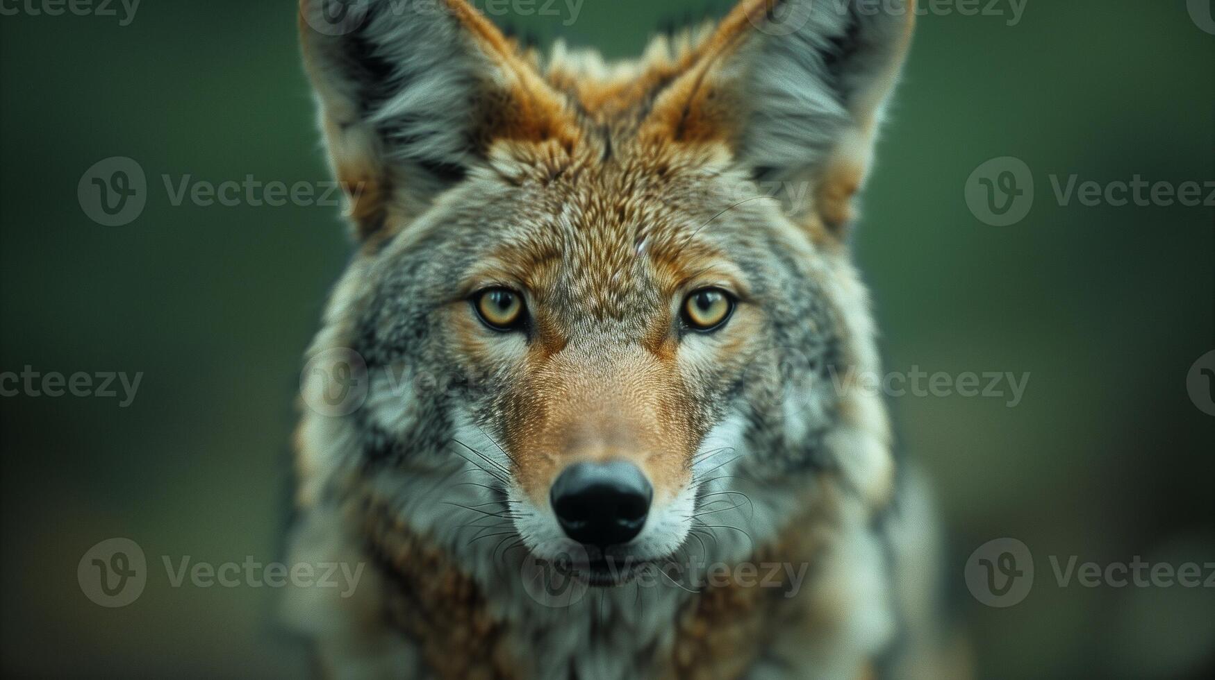 Closeup of a coyote's face with detailed fur and whiskers set against a green background photo