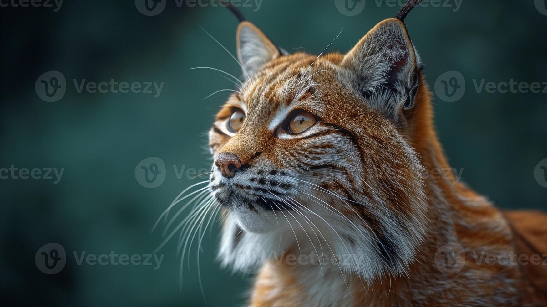 Closeup of a lynx with striking orange fur and piercing eyes set against a dark green background photo