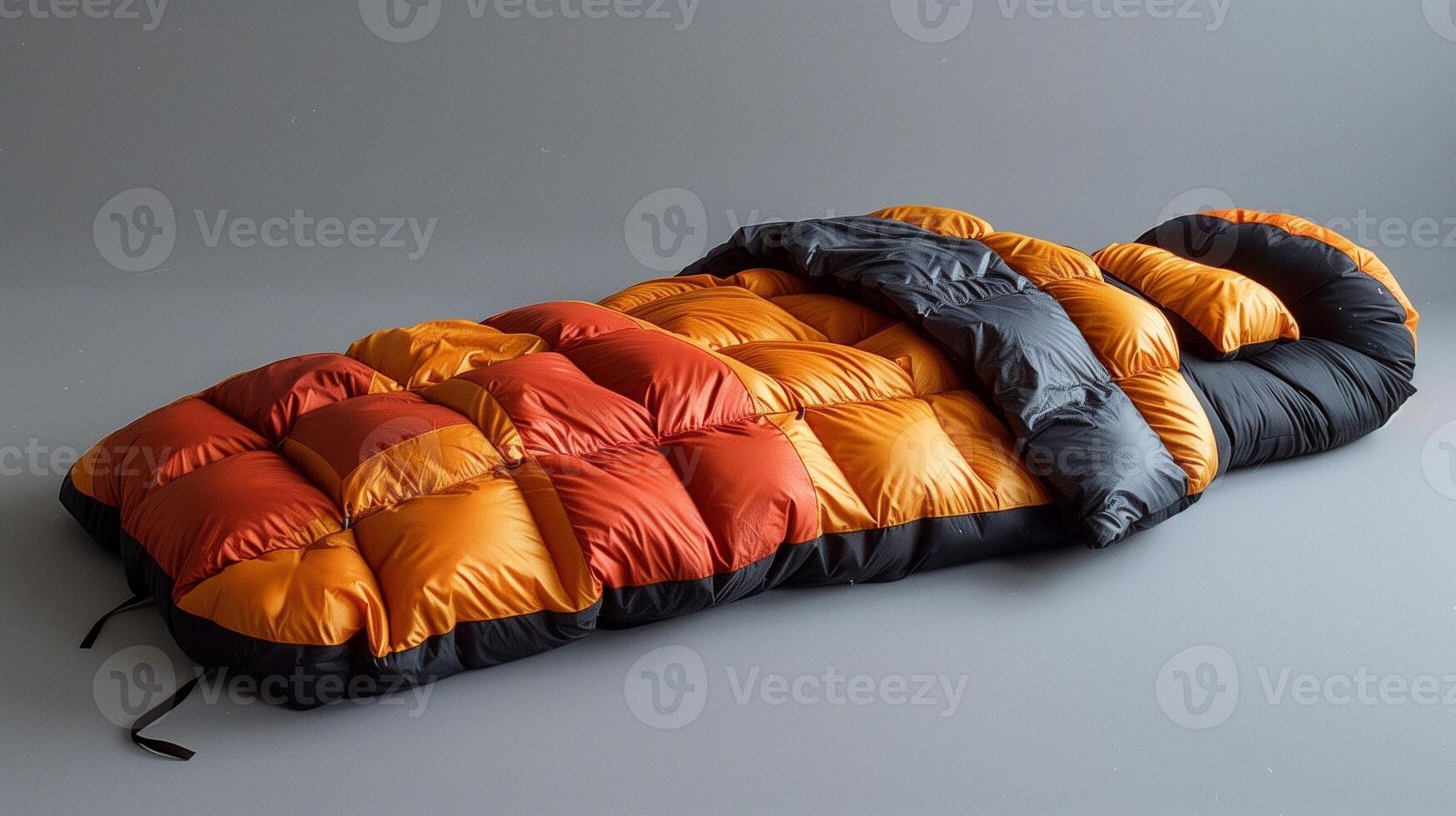 Colorful sleeping bag with a quilted design and black trim set against a gray background photo