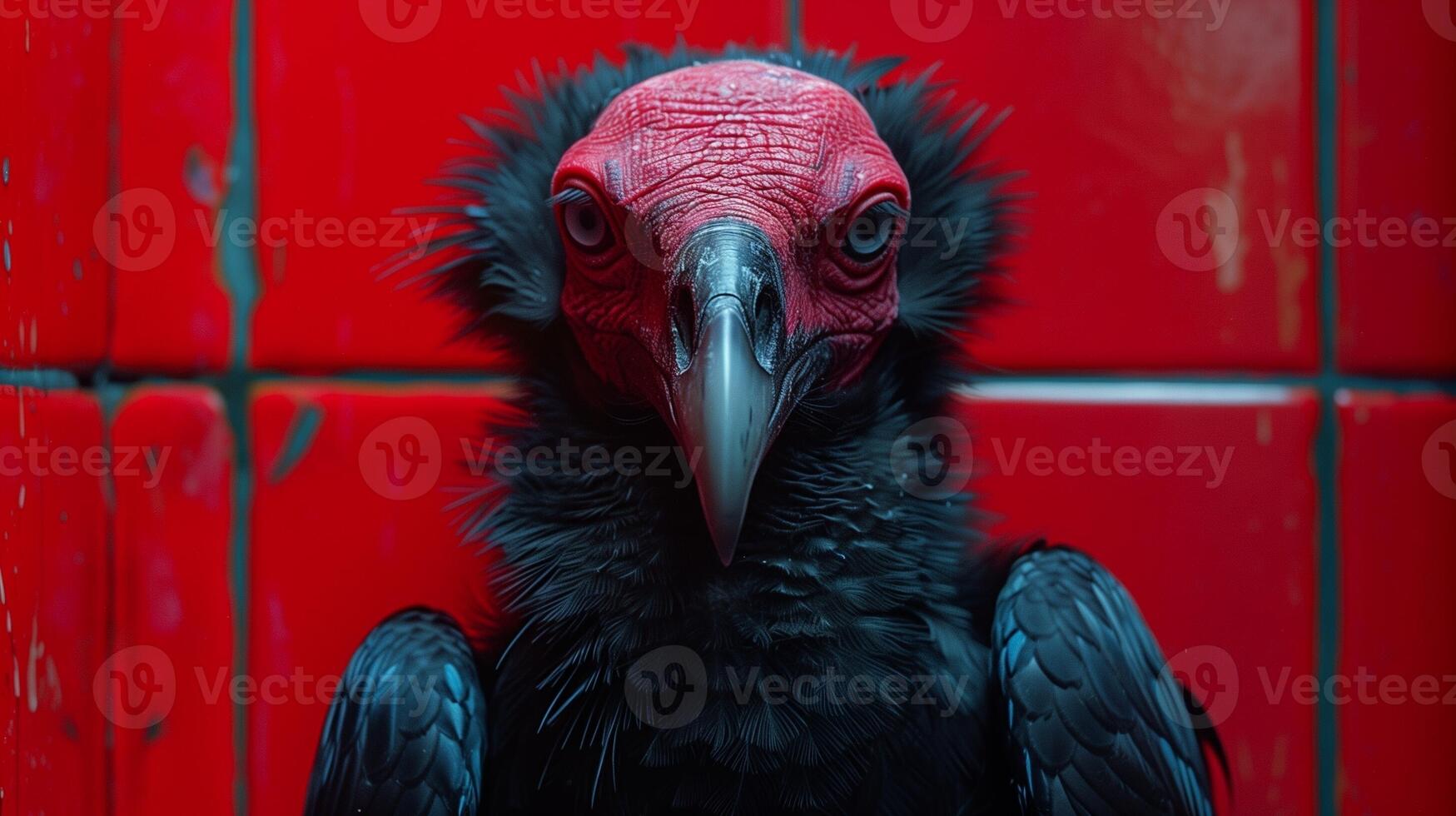 Intense Closeup of a Vulture with Striking Red Feathers and Piercing Eyes Against a Vibrant Red Background photo