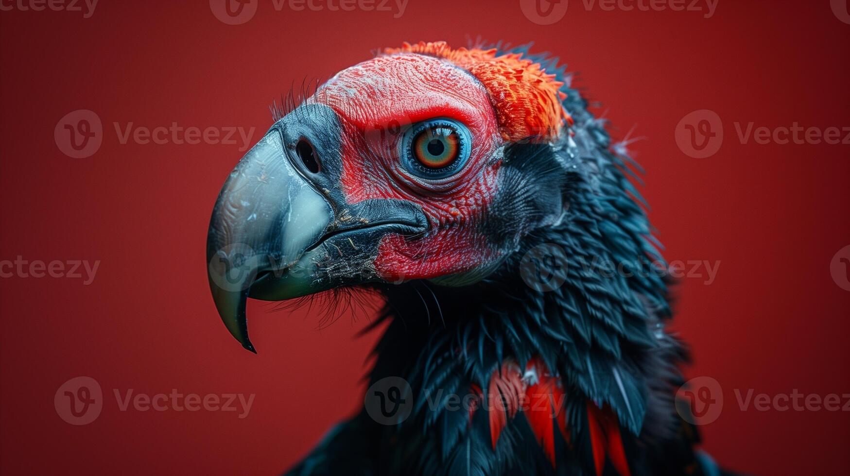 Closeup of a bird's head with vibrant colors and detailed feathers set against a red background photo