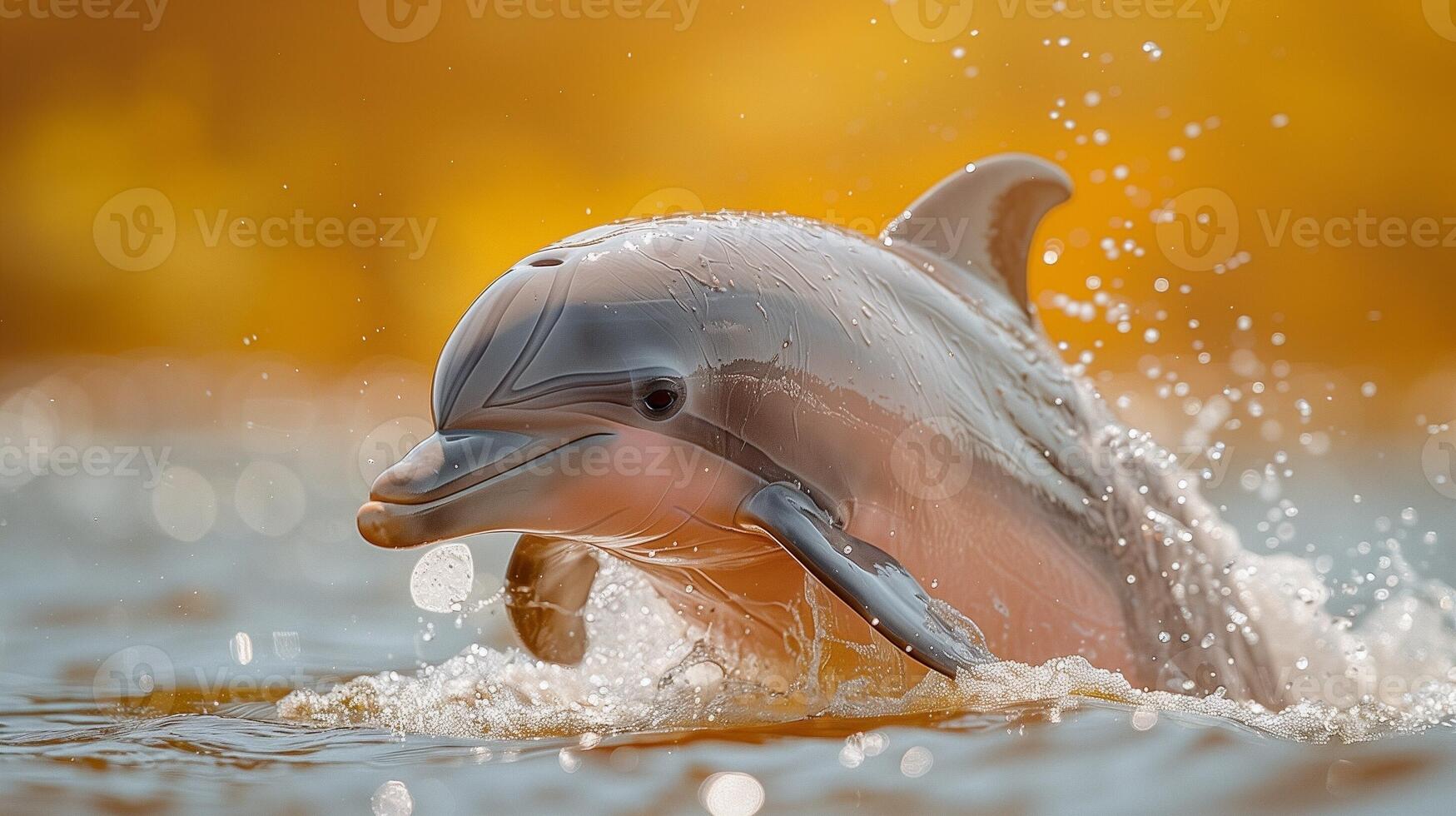 Dolphin leaping gracefully out of the water with a golden sunset backdrop creating a stunning scene photo