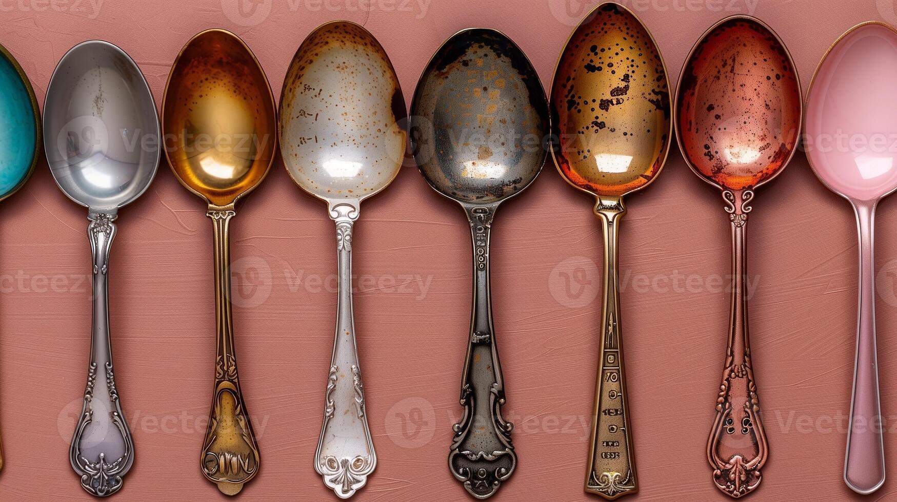 A collection of vintage spoons with intricate designs and varying colors arranged neatly on a soft pink background photo