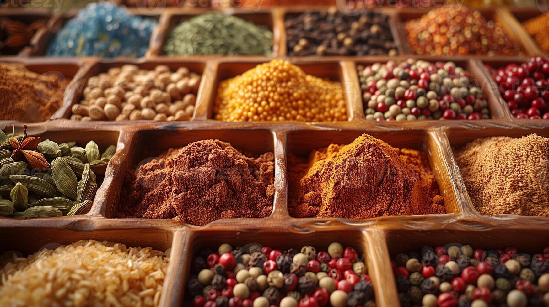 A vibrant array of spices and herbs neatly arranged in a wooden tray creating a colorful and aromatic display photo