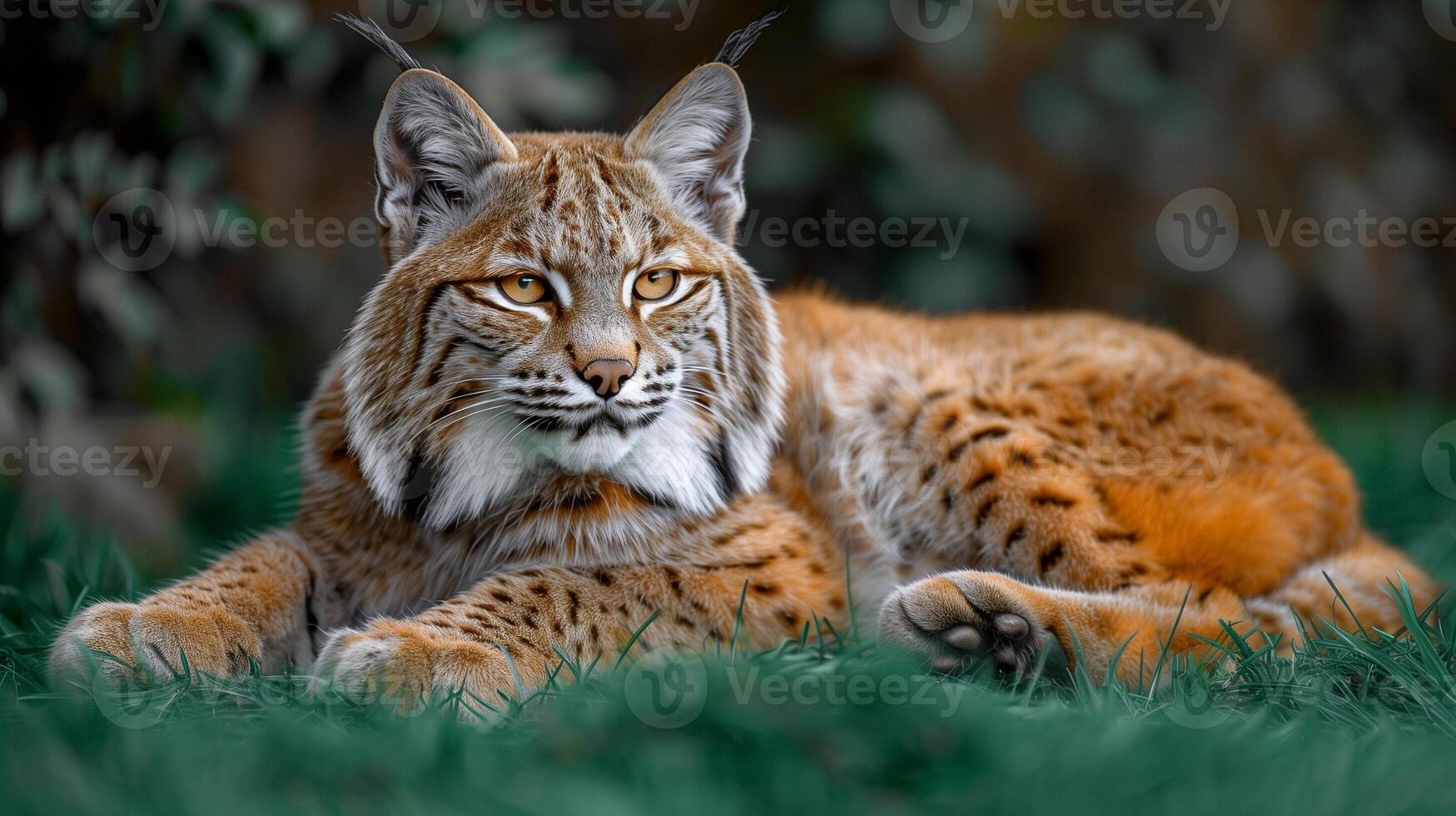 Bobcat resting on grass with sharp gaze and detailed fur patterns against a blurred natural background photo