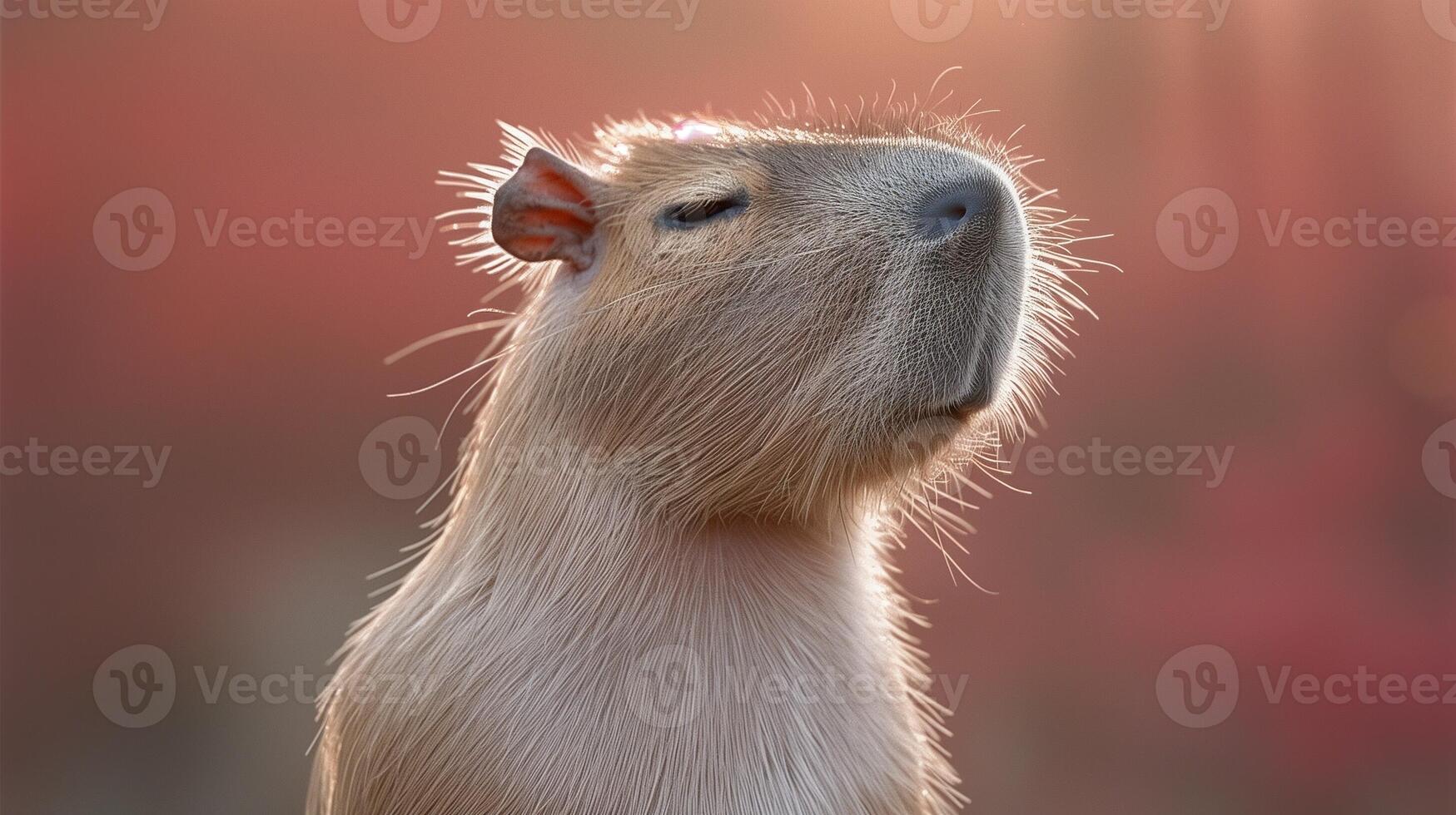 Closeup of a capybara's face with its eyes closed and whiskers in the sunlight photo