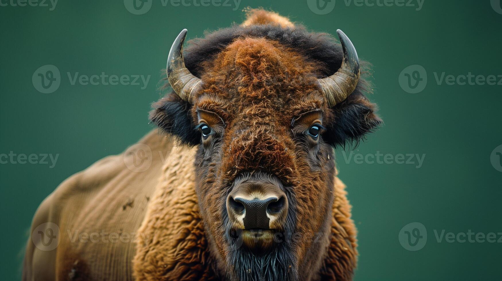 Closeup of a bison with detailed fur texture and piercing eyes against a green background photo