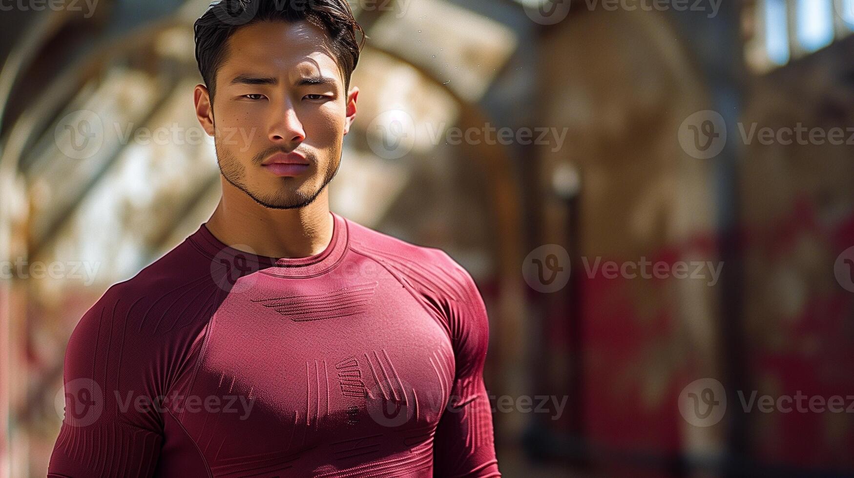 A man in a fitted red athletic shirt standing confidently with an industrial background photo