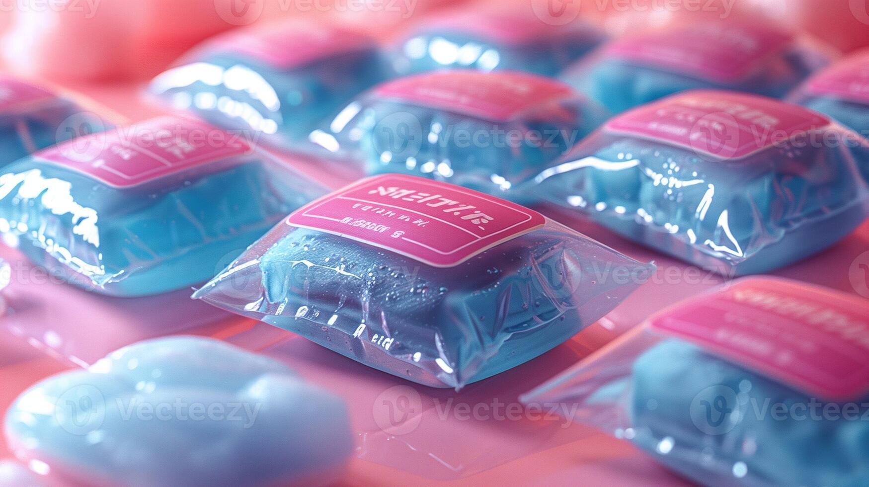 Blue antiseptic wipes in clear packaging with pink labels arranged neatly on a soft pink surface photo