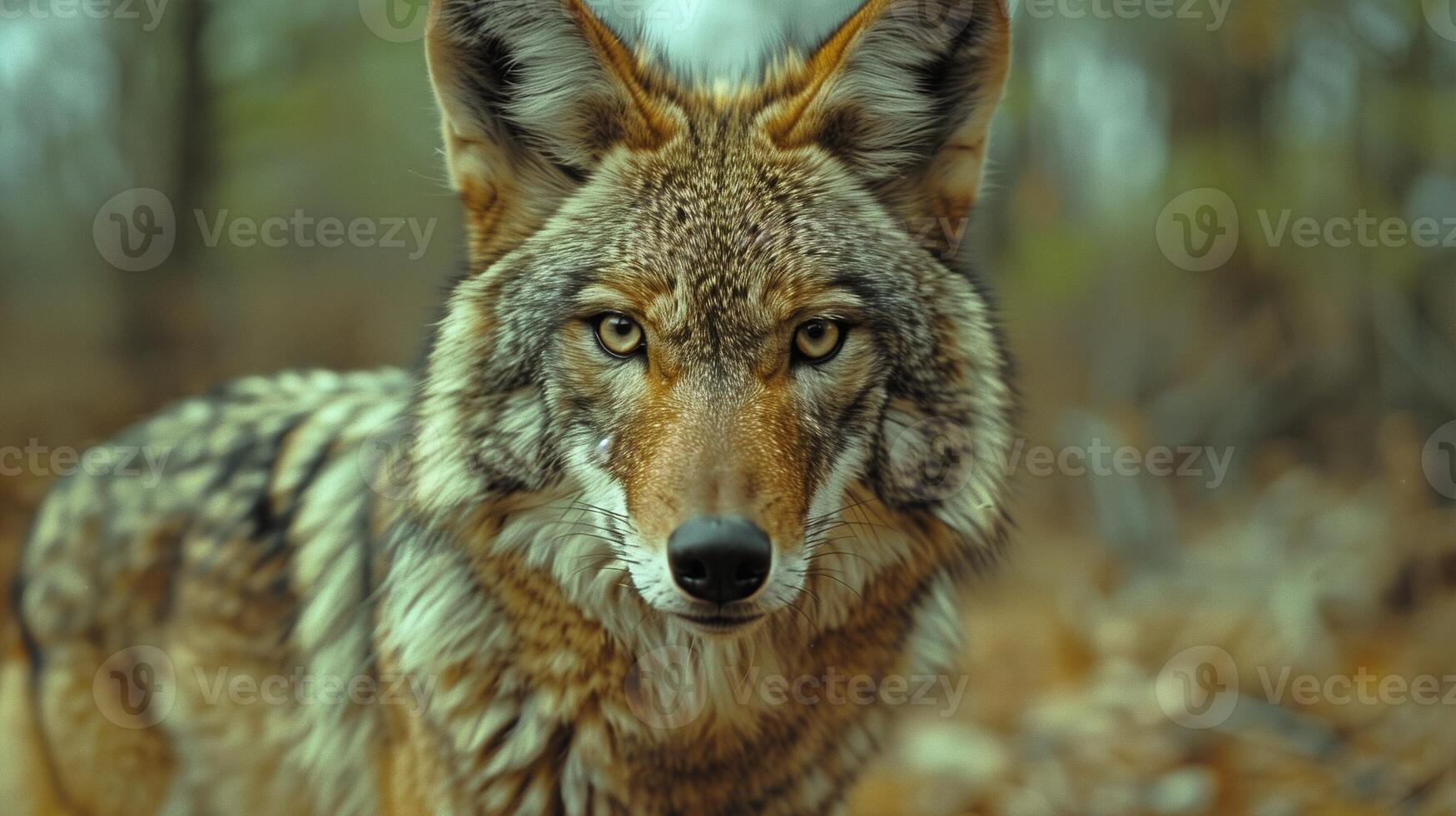 Coyote in the wild with sharp eyes and alert ears surrounded by nature and trees photo