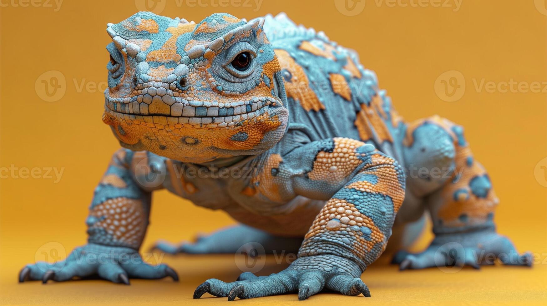 Blue and orange lizard with intricate scales and patterns resting on a yellow surface photo