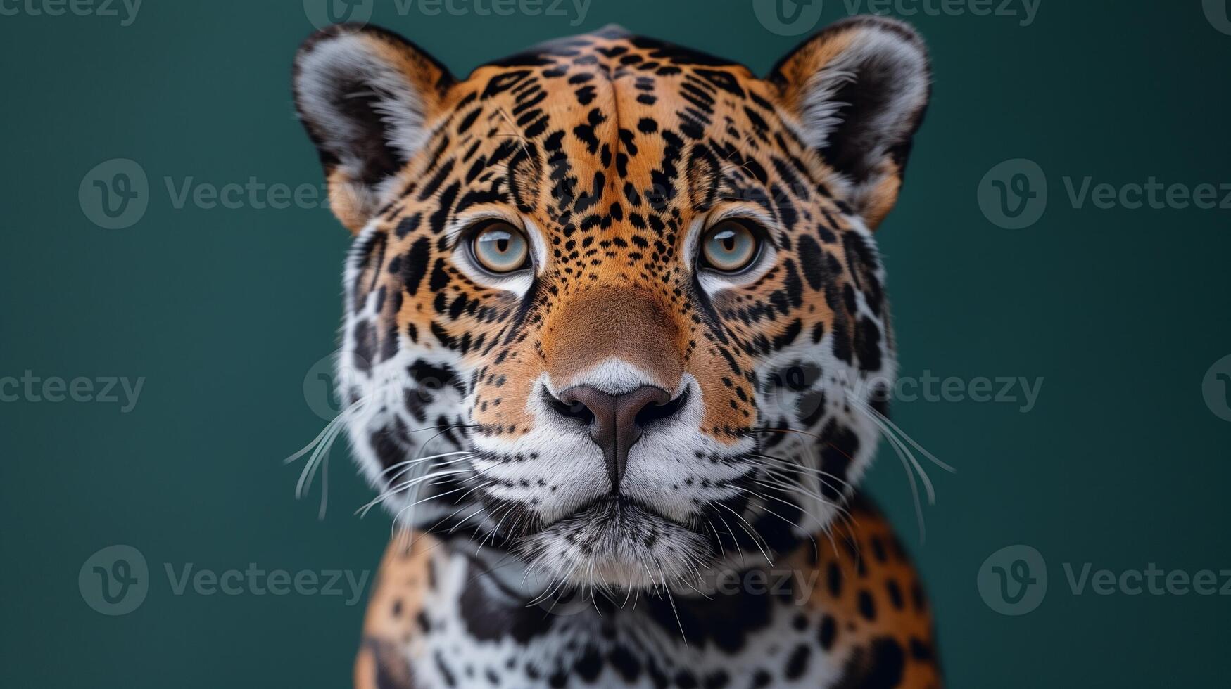 Closeup of a jaguar's face with striking eyes and intricate patterns on its fur photo