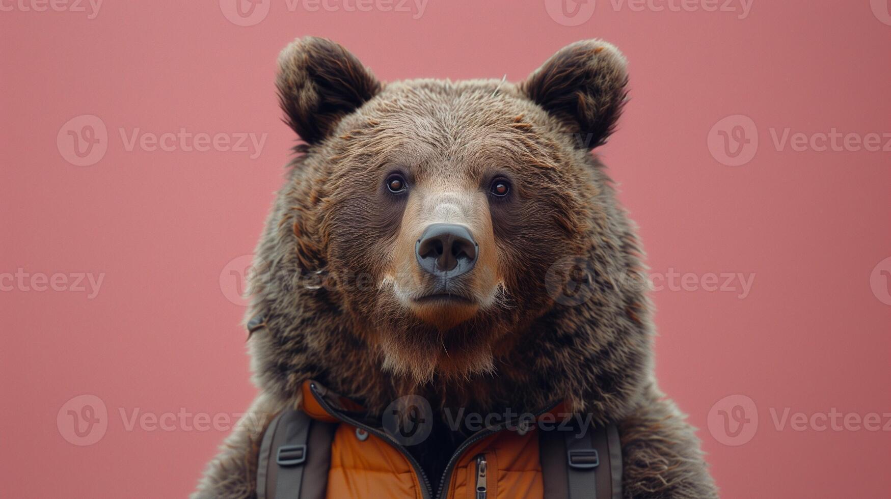 A bear wearing a yellow jacket with a backpack against a soft pink background creating a whimsical scene photo