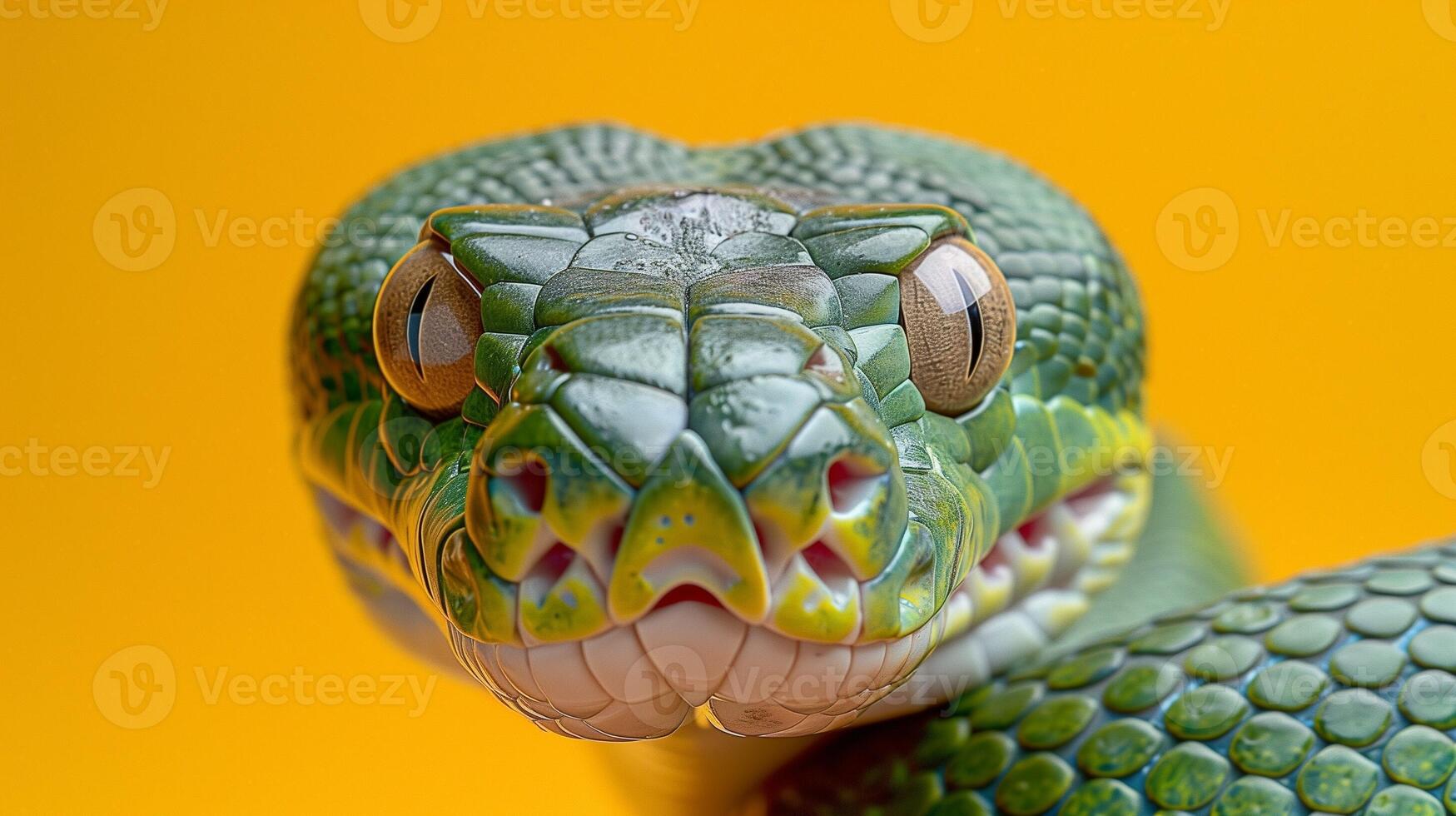 Closeup of a green snake with detailed scales and striking eyes against a vibrant orange background photo
