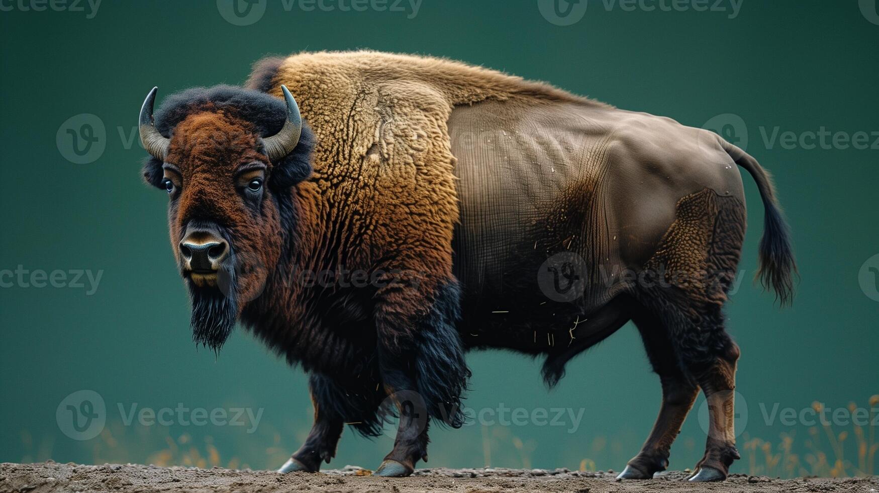 Majestic bison standing strong with thick fur and horns against a serene green backdrop photo