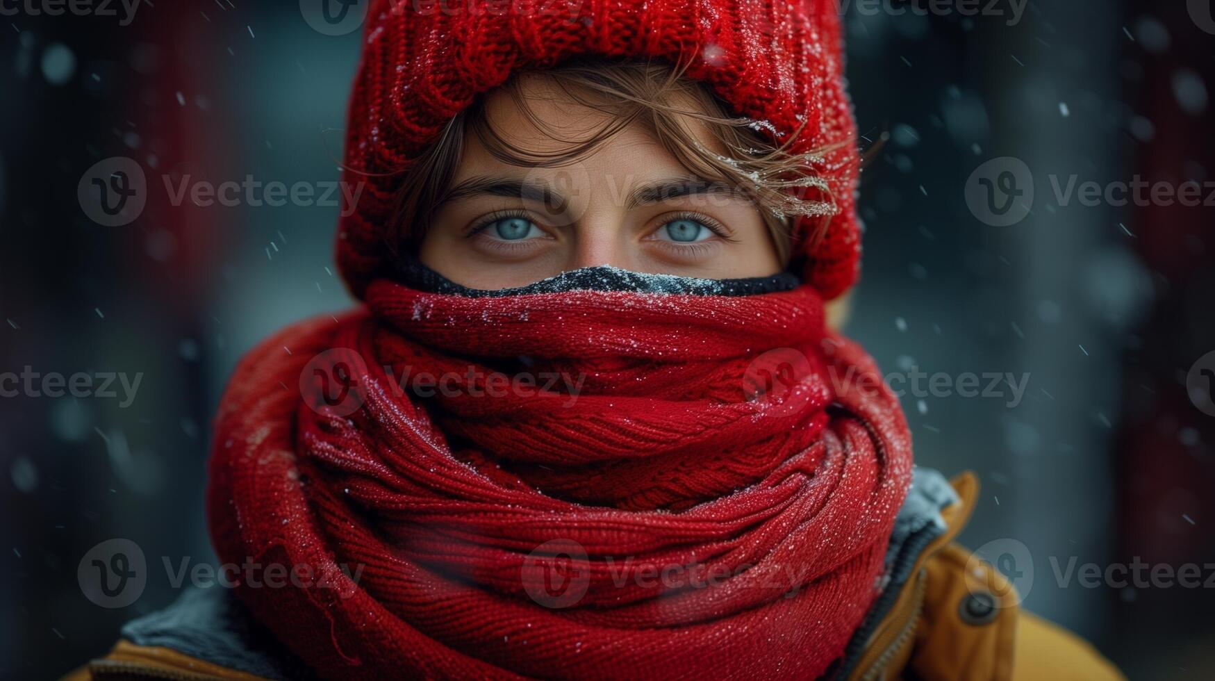Woman wearing a red knit hat and scarf with only her eyes visible in the snow photo