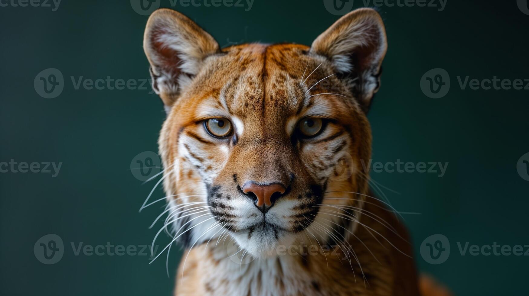 Closeup of a cougar's face with striking eyes and detailed fur set against a dark background photo