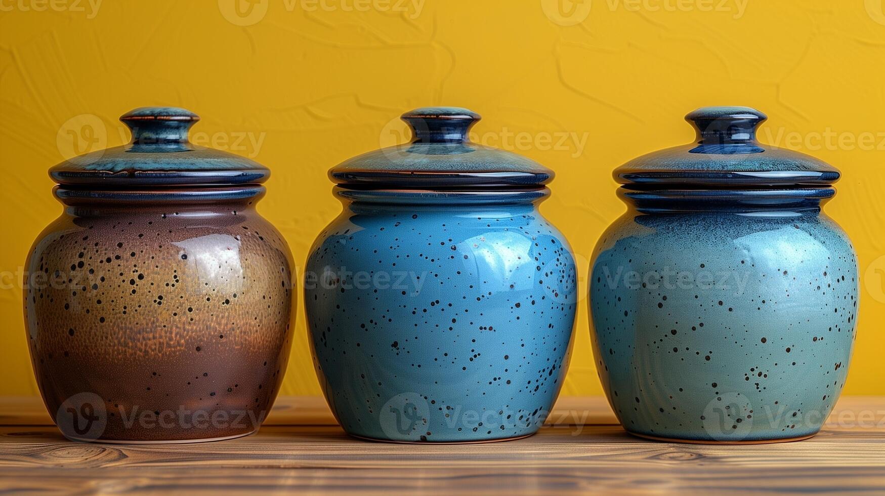 Three ceramic jars with speckled patterns and lids set against a yellow background photo