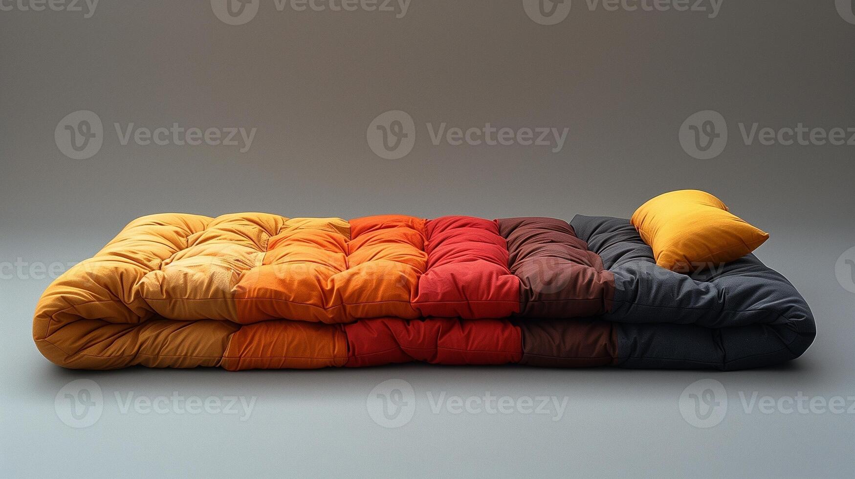 Colorful quilted mattress with a gradient of colors and a pillow set against a gray background photo
