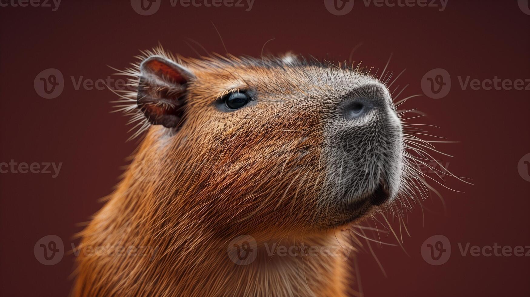 Closeup of a capybara's face with detailed fur and whiskers set against a dark background photo