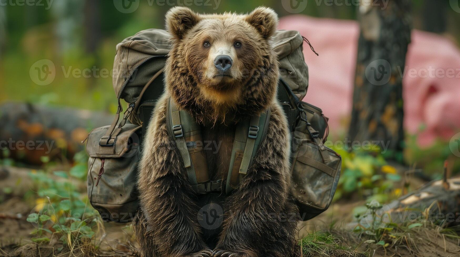 A bear with a backpack standing in a forest setting creating a whimsical and adventurous scene photo