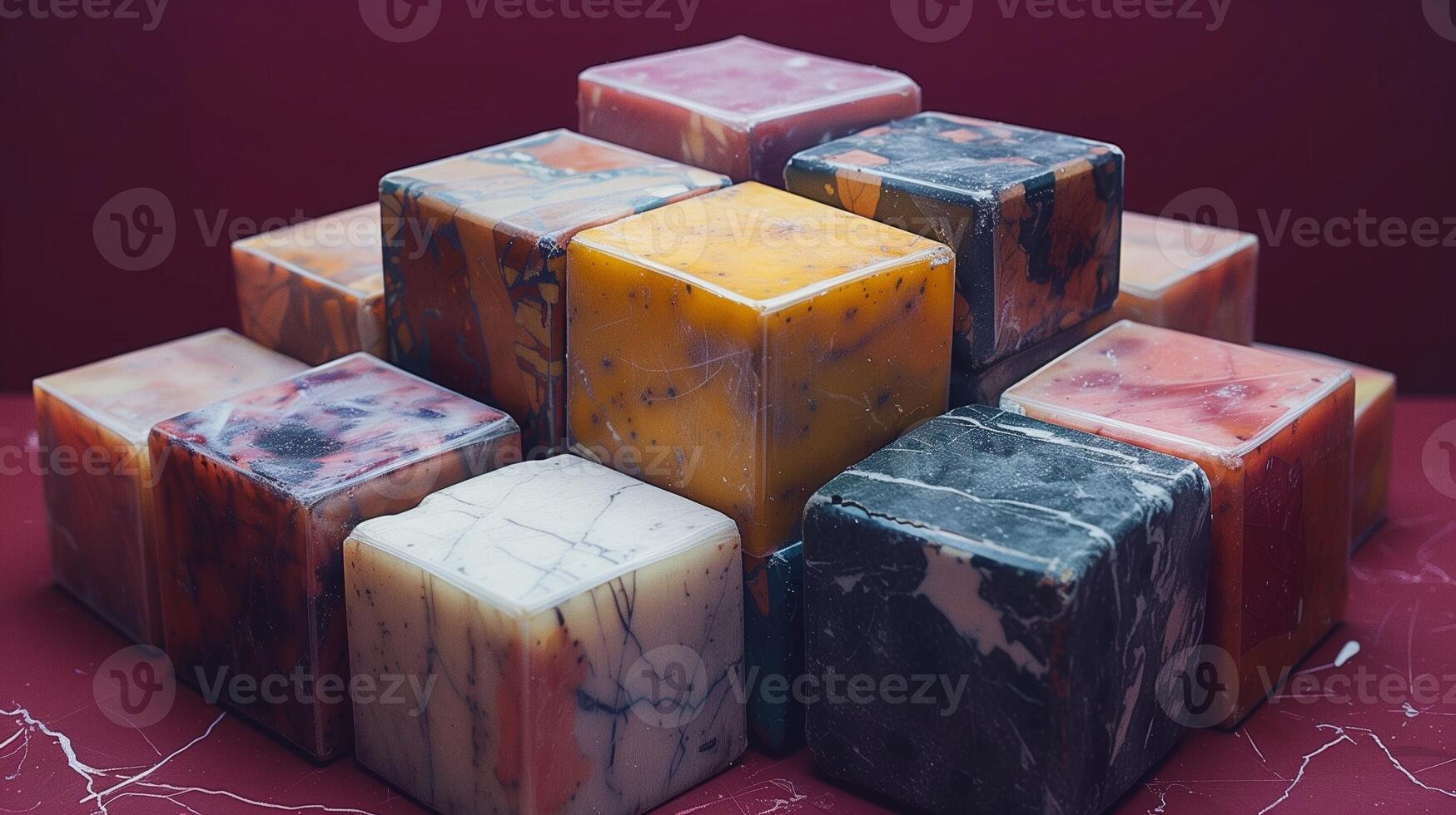 Stack of colorful cubes with intricate patterns and textures set against a red background photo