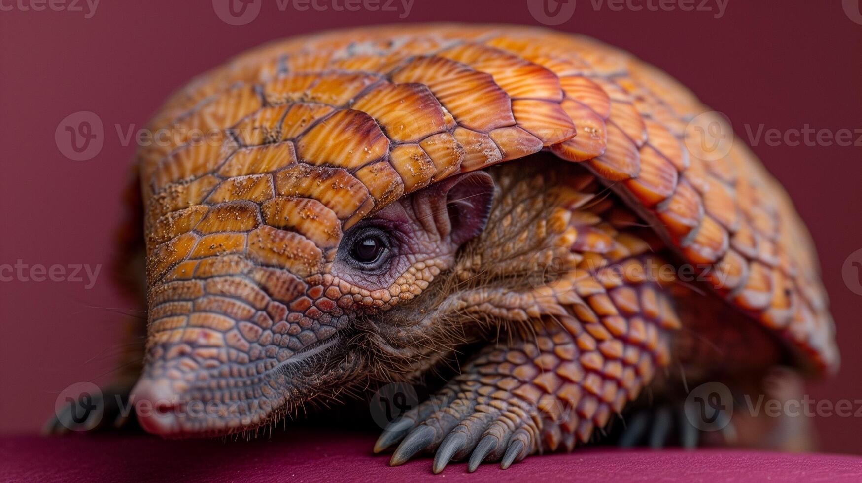 Closeup of an armadillo with detailed scales and expressive eyes against a deep red background photo