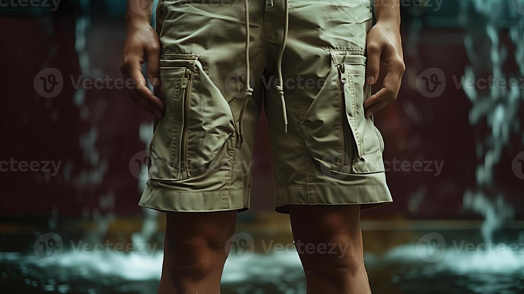 Person wearing beige cargo shorts with zippers and pockets set against a water background photo