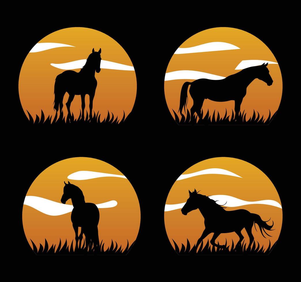 Silhouette of Horses of the wildlife savannah. illustration. vector